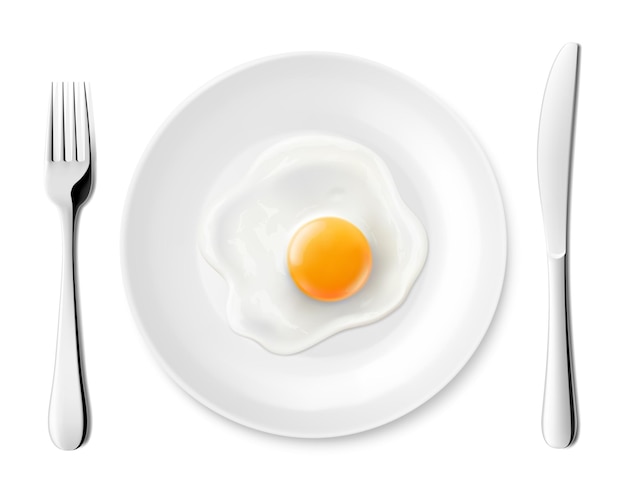 Vector plate with delicious fried egg and stainless steel cutlery fork and knife isolated on white background realistic 3d vector illustration delicious breakfast top view