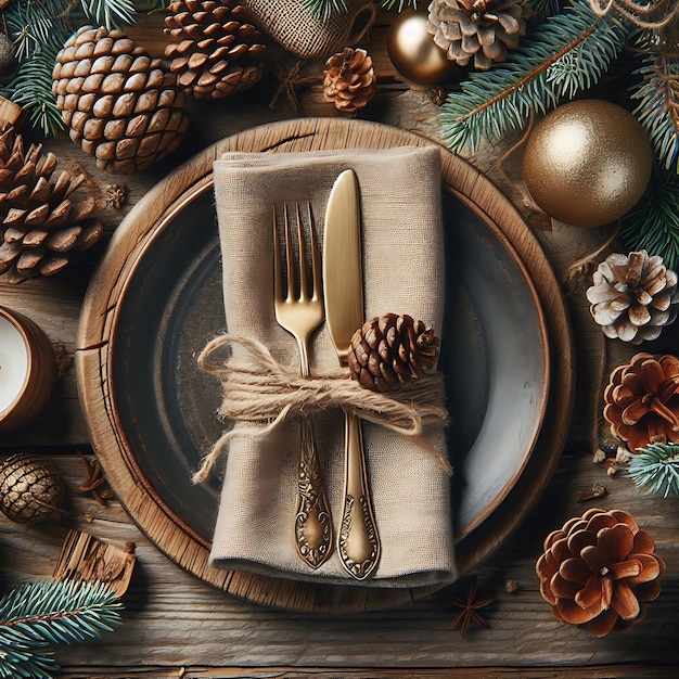 a plate with a fork and a plate with pine cones on it