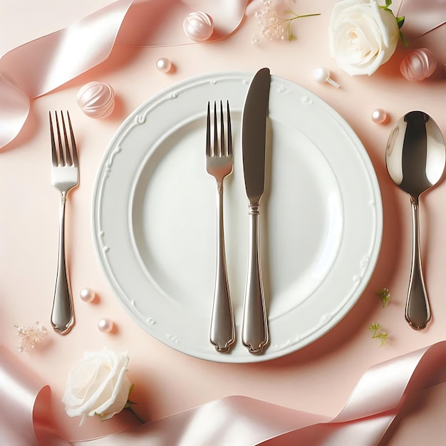 Vector a plate with forks and knives on it with a pink cloth