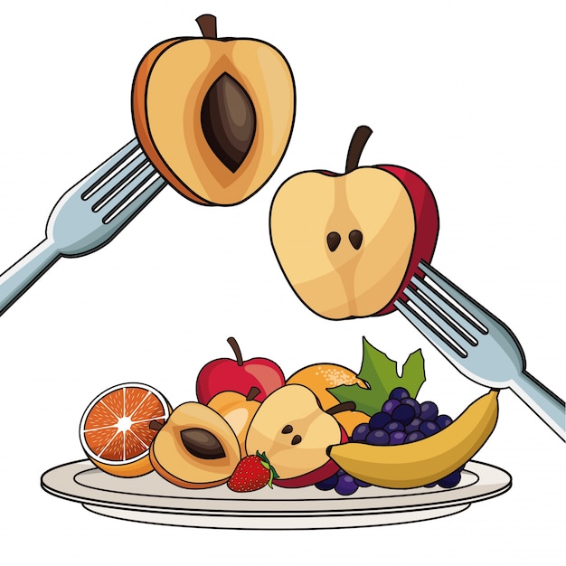 Plate with fruits nutrition with fork and knife 