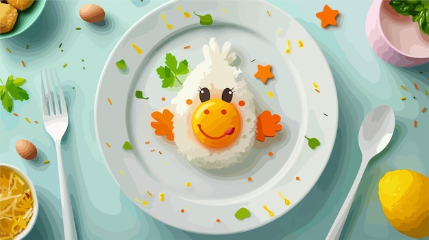 Vector plate with funny childrens breakfast in shape of chick