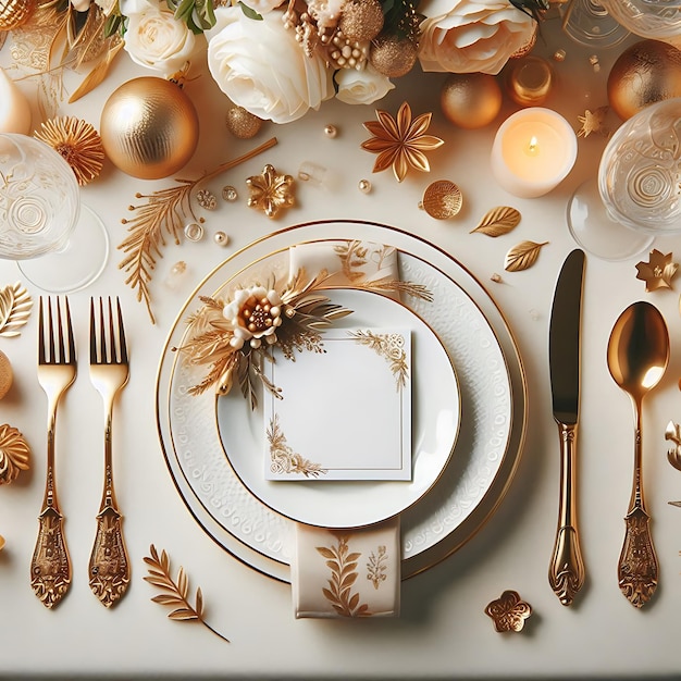 a plate with a gold leaf on it is surrounded by silverware