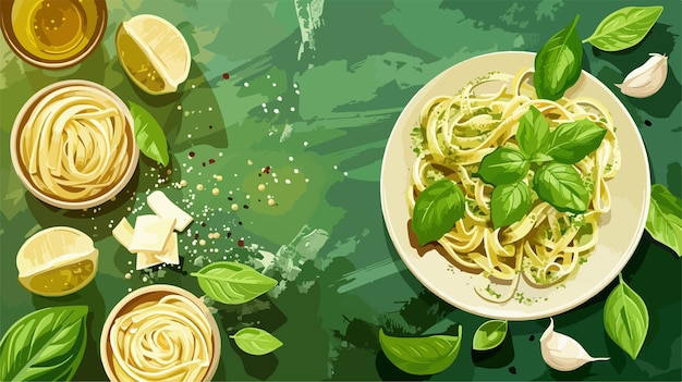 Vector plate with raw pasta and ingredients for pesto sauce