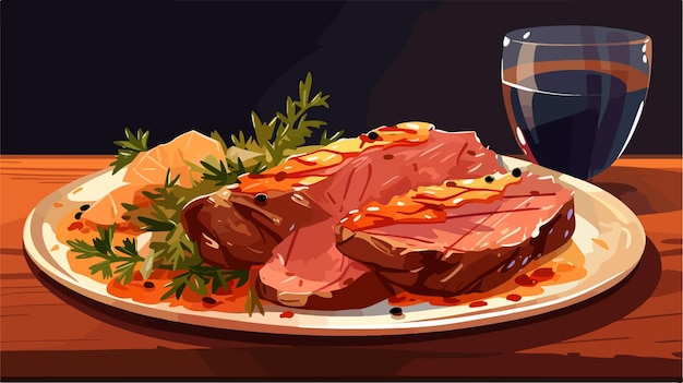 Vector plate with sliced tasty steak on table vector illustration