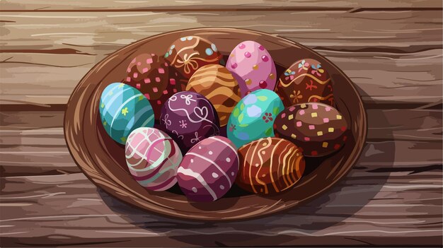 Vector plate with sweet chocolate easter eggs on wooden background