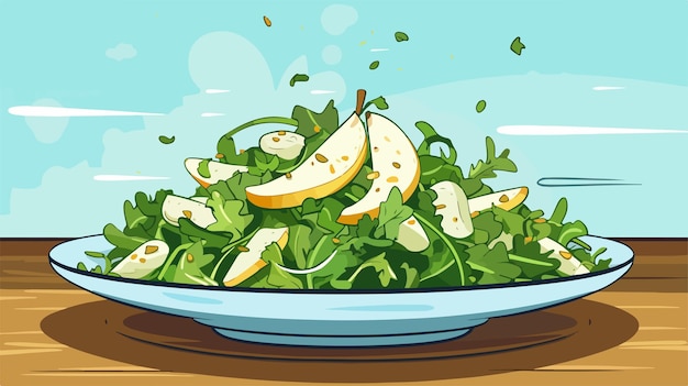 Vector plate with tasty arugula salad and pear on grey background