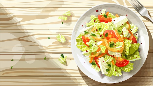 Vector plate with tasty cabbage salad on light wooden table