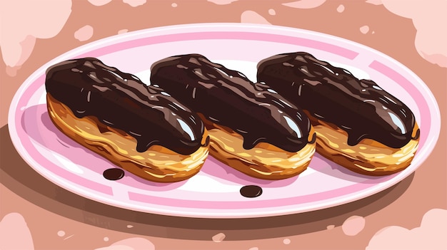 Vector plate with tasty chocolate eclairs on pink background