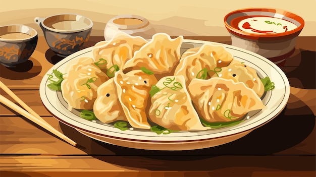 Plate with Tasty Dumplings on Table Vector Illustration