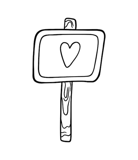 A plate on a wooden stick with the image of a heart symbol of love doodle linear cartoon coloring