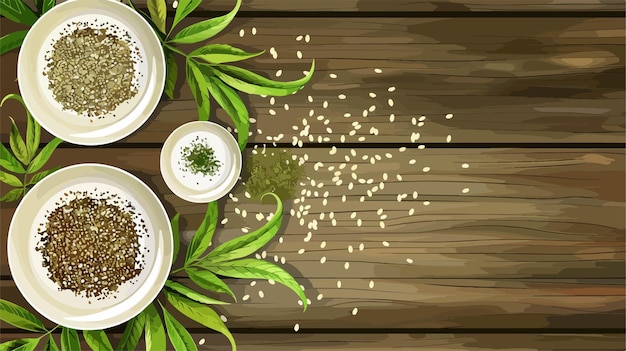 Vector plates with hemp seeds on wooden background