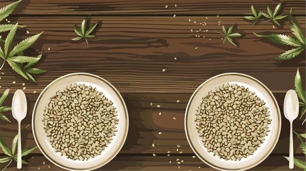 Vector plates with hemp seeds on wooden background