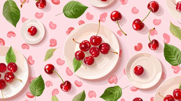 Vector plates with sweet cherries and leaves on pink background