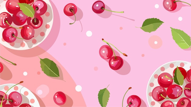 Vector plates with sweet cherries and leaves on pink background