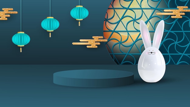 Platform and podium for presentations Festive background for the MidAutumn Festival with a ceramic hare hanging lanterns and a bright moon Vector