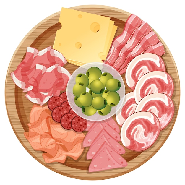 Platter of various cold meats and cheese isolated on white background