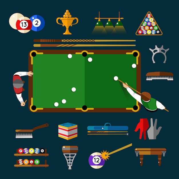 Play billiards flat set with elements and equipments for this sport