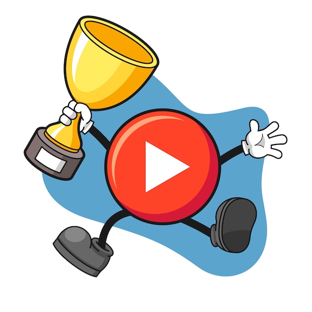 Play button cartoon character holding a trophy