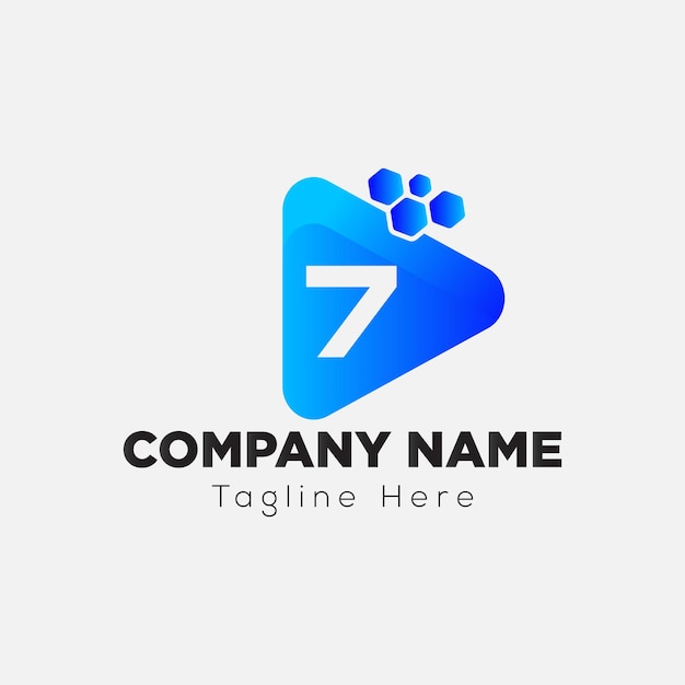 Play Button Logo On Letter 7 Template. Play icon On 7 Letter, Initial Play Sign Concept