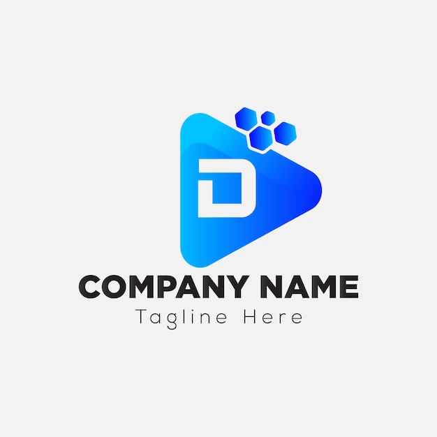 Play Button Logo On Letter D Template. Play icon On D Letter, Initial Play Sign Concept