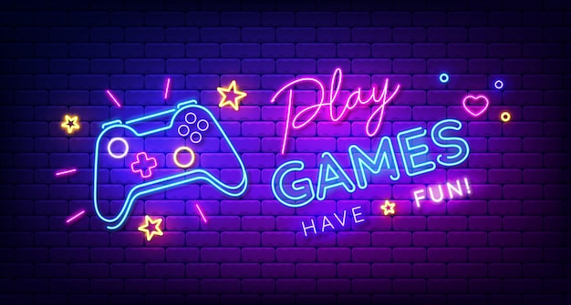 Play games have fun neon sign with game pad bright signboard light banner game logo neon emblem vector illustration