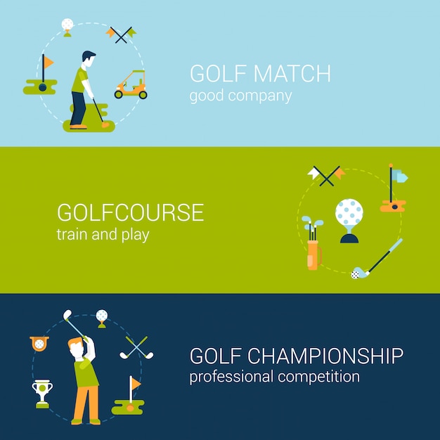 Play Golf sport club course professional championship and competition concept flat design   illustrations set.