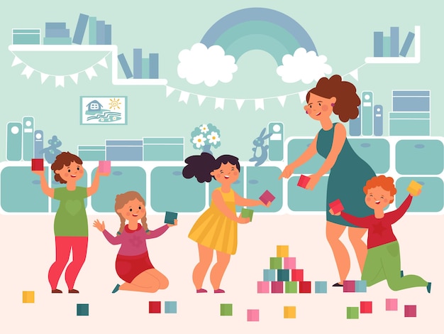 Play in kindergarten Cute small kids joy smiling girl boy playing on floor Flat cartoon happy children with teacher decent vector concept Illustration kids playroom playing in kindergarten