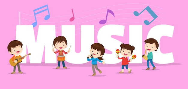 Play music concept of children group kids with musical instruments cute child musician various