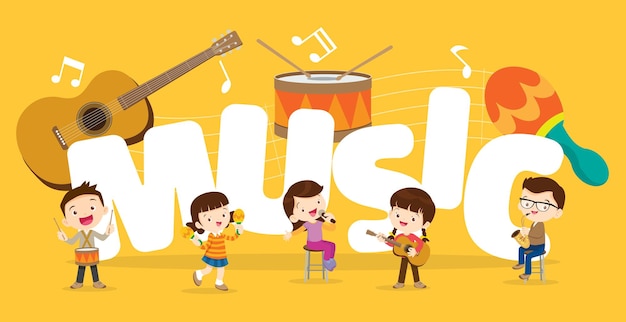 Play music concept of children group kids with musical instruments cute child musician various