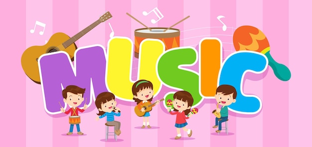 Play music concept of children group kids with musical instruments cute child musician various