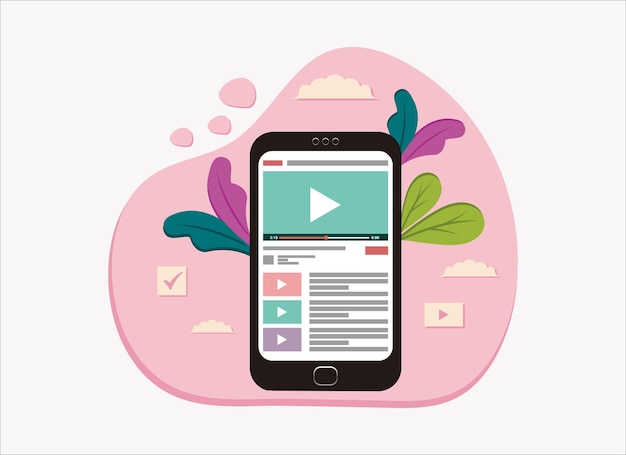 Play video on handphone flat design illustration