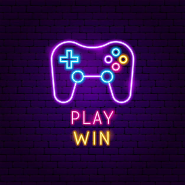 Play Win Neon Label. Vector Illustration of Game Promotion.