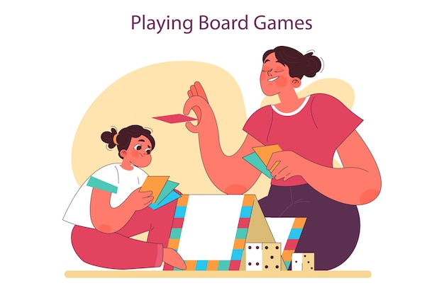 Vector play with a parents little girl playing table games with her mother