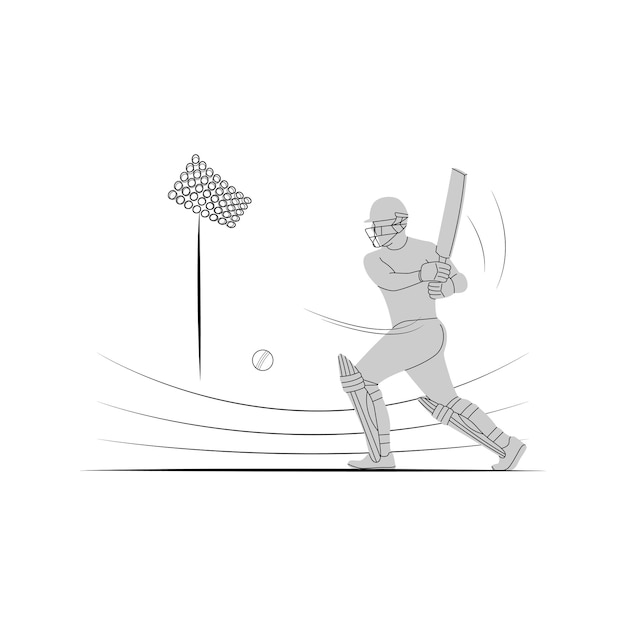 A player playing cricket action pose line art championship vector illustration