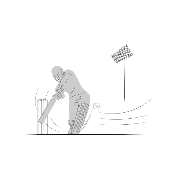 A player playing cricket action pose line art championship vector illustration