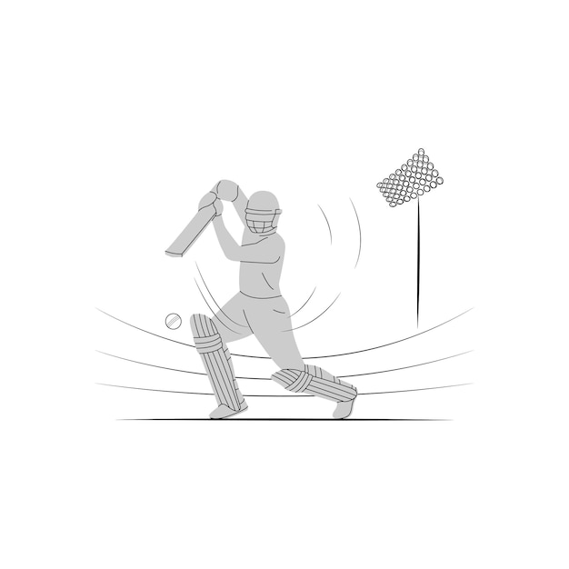 A player playing cricket action pose line art championship vector illustration