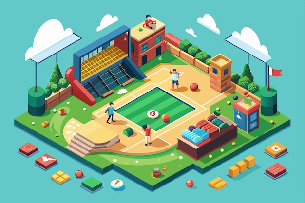 Players take part in baseball activities on a vibrant customizable isometric field under a clear blue sky surrounded by wellmaintained landscaping