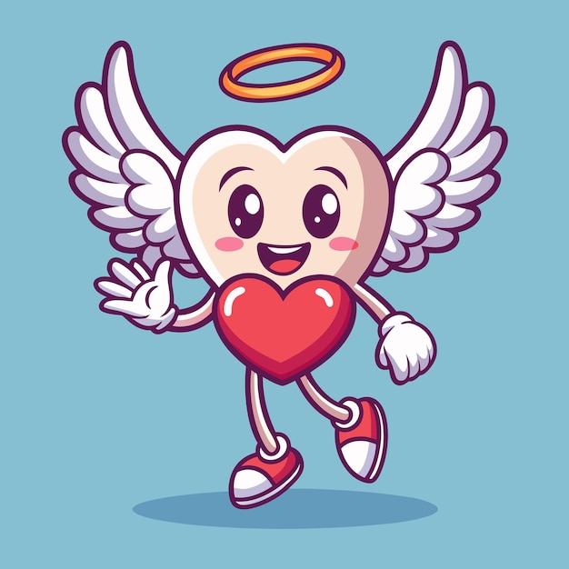 Vector playful angel with heart and waving hand cartoon vector illustration