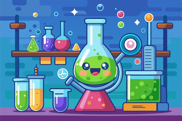 Vector a playful beaker filled with green liquid smiles among various colorful lab glassware in a vibrant laboratory setting customizable cartoon illustration of a beaker in chemistry