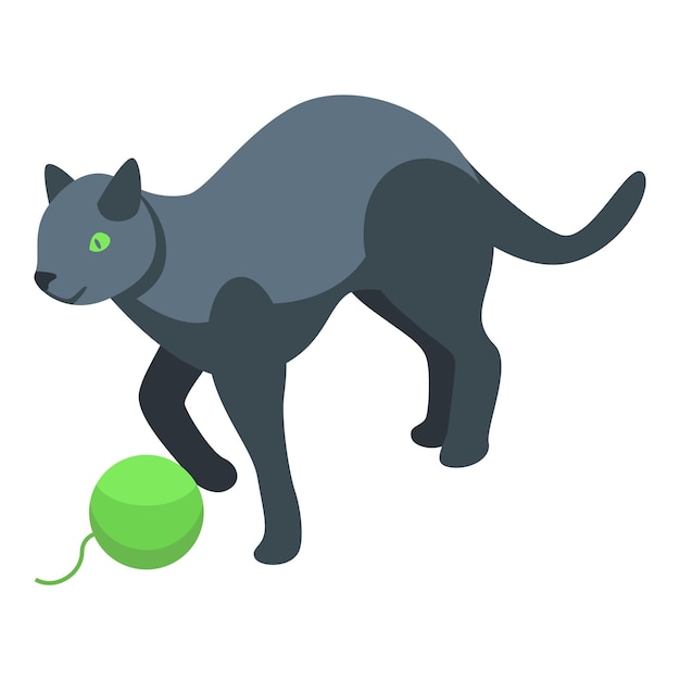 Vector playful black cat is approaching a green yarn ball