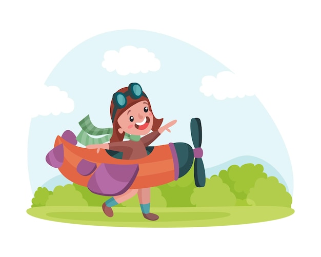 Vector playful boy in goggles with toy aircraft flying and playing outdoor vector illustration