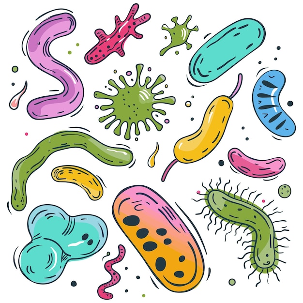 Vector playful cartoon bacteria characters in various shapes and colors all with big smiles