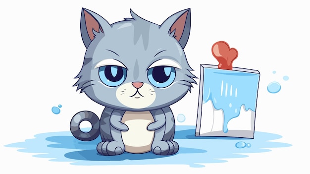 Vector playful cartoon cat holding sign illustration for designs