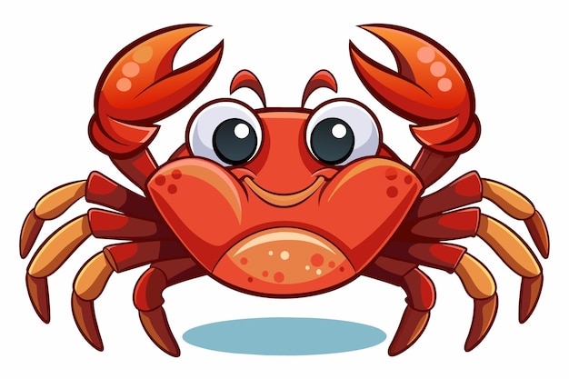 A playful cartoon crab features big eyes and a bright smile showcasing its vibrant red color and prominent claws against a simple background