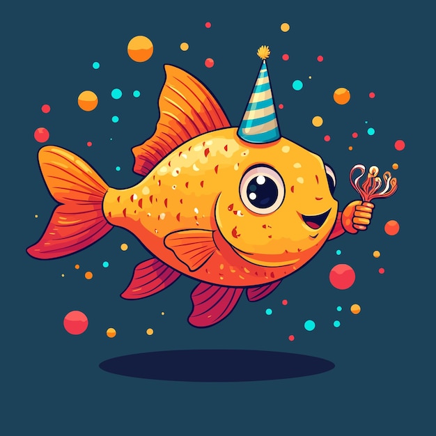 Vector playful cartoon fish celebrating with a party whistle vector illustration