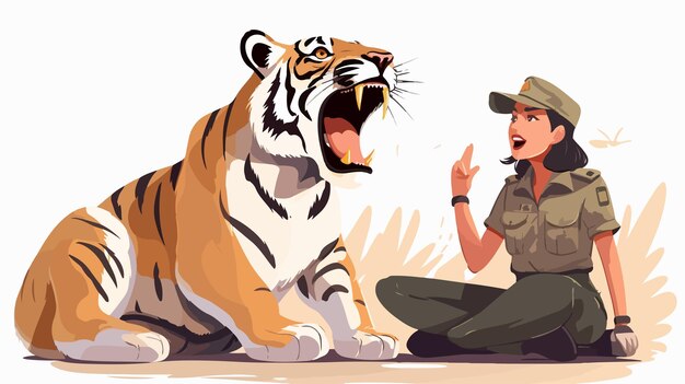 Vector playful cartoon illustration of female tiger scout engaged in conversation