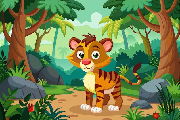 A playful cartoon tiger stands on a jungle path surrounded by vibrant flora and towering trees enjoying its adventurous surroundings under a clear sky