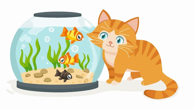 Vector playful cat and fish in aquarium vector illustration