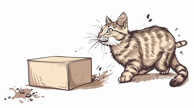 Playful Cat Playing with Box Handdrawn Vector Illustration