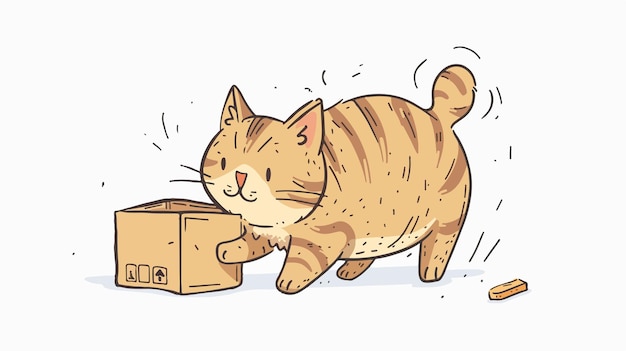 Playful Cat Playing with Box Handdrawn Vector Illustration